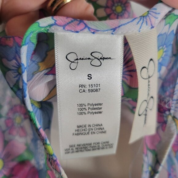 Jessica Simpson Floral Ruffle Sleeveless Keyhole Peplum Hem Sheer Top Size S - Picture 5 of 10